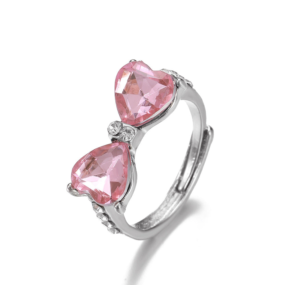 Wholesale Vintage Metal Bow Ring Micro-Inlaid Pink Zirconia Open Ring